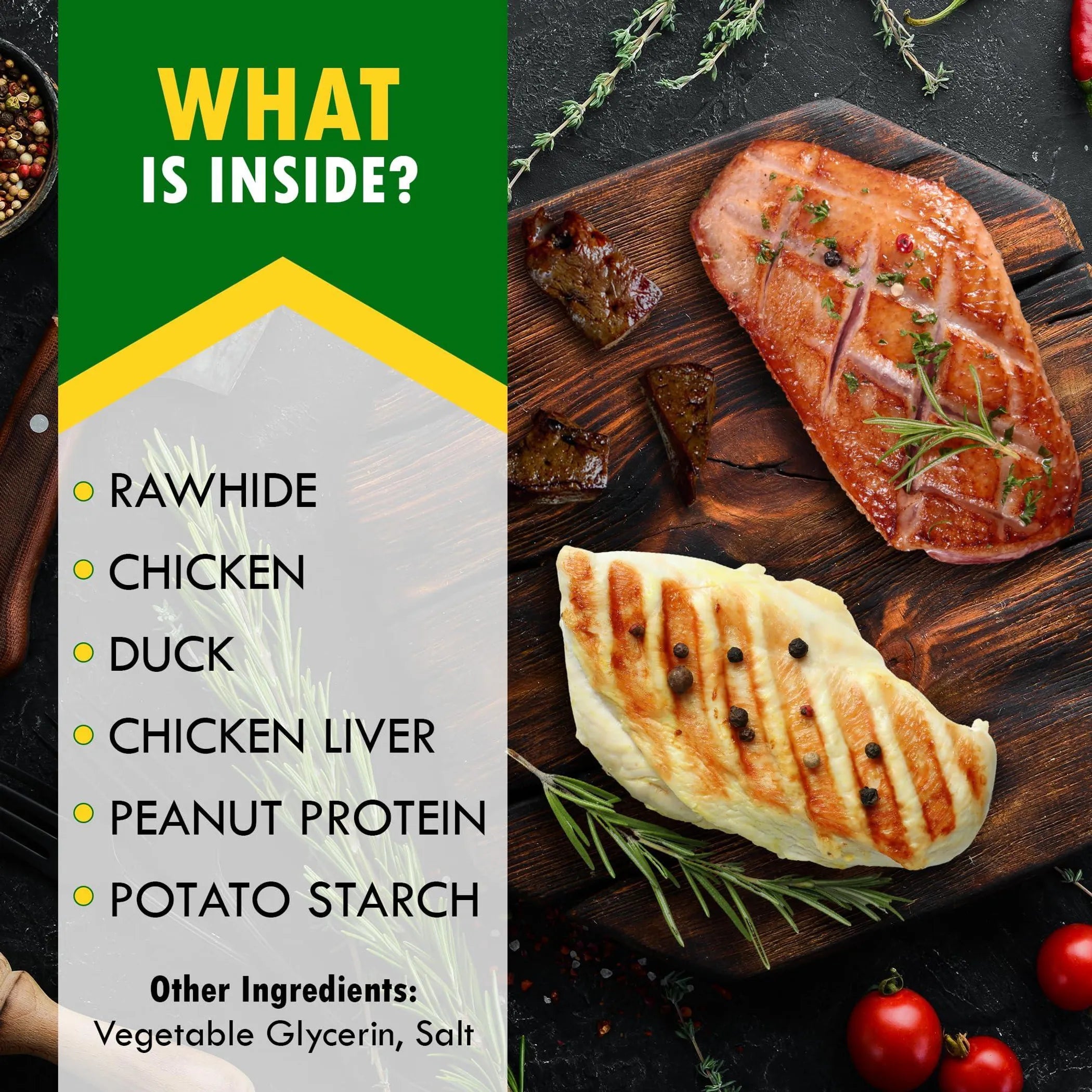 Triple Flavor Dog Rawhide Treats Duck & Chicken Human Grade Meat Natural & Organic Pet Dried Snacks Grain Free Long Lasting Chews for Large & Small Do