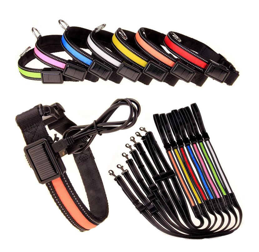 Collare per cani con LED riflettente e ricarica solare e USB 